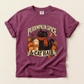 Purrmpkin Spice And Cat Hair graphic tee in Berry, flat lay