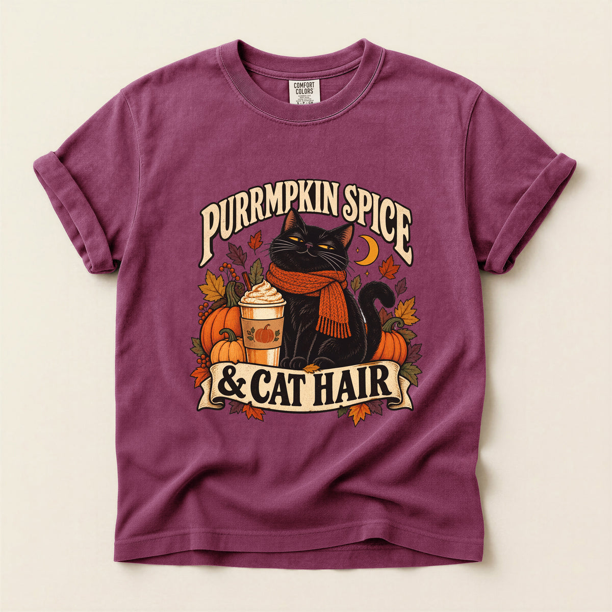 Purrmpkin Spice And Cat Hair graphic tee in Berry, flat lay