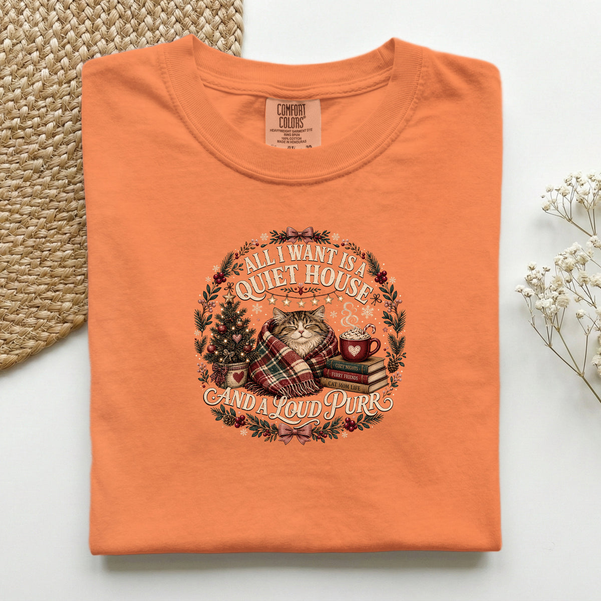 All I Want Is A Quiet House And A Loud Purr graphic tee in Burnt Orange, folded flat lay