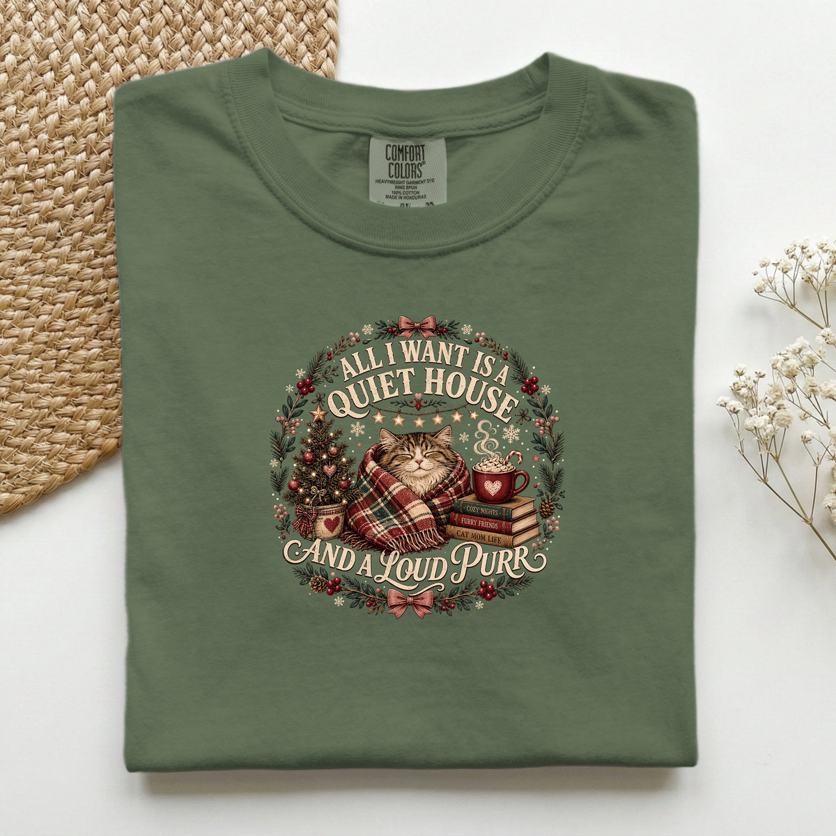 All I Want Is A Quiet House And A Loud Purr graphic tee in Hemp, folded flat lay