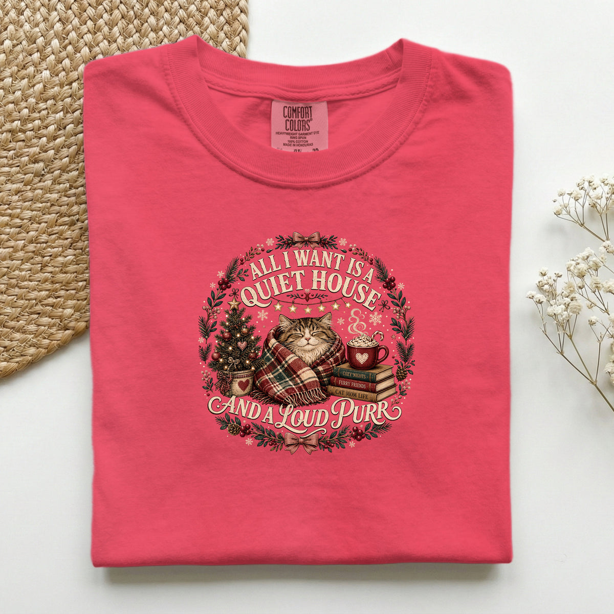 All I Want Is A Quiet House And A Loud Purr graphic tee in Paprika, folded flat lay
