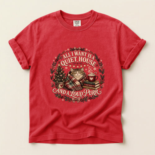 All I Want Is A Quiet House And A Loud Purr graphic tee in Red, folded flat lay