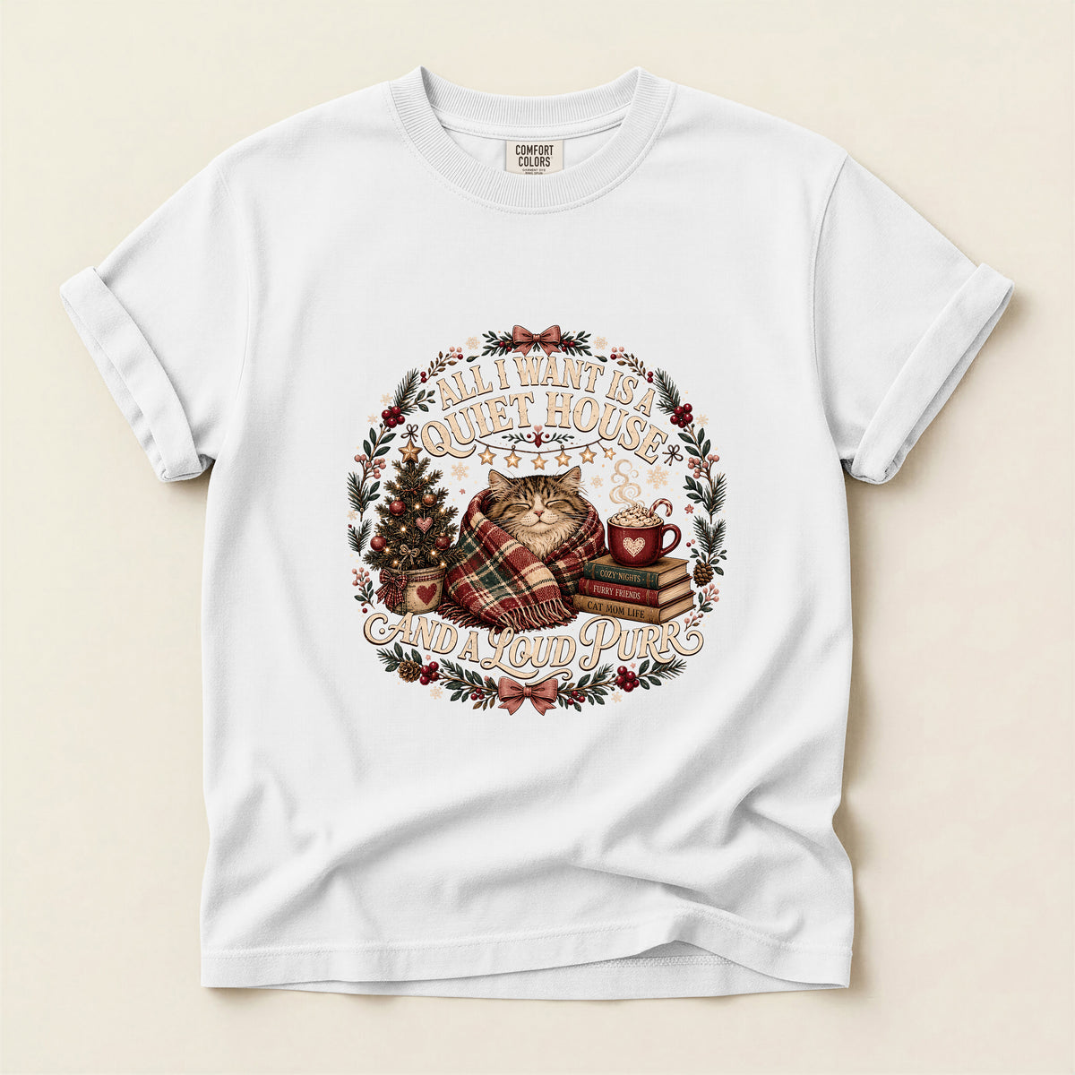 All I Want Is A Quiet House And A Loud Purr graphic tee in White, folded flat lay