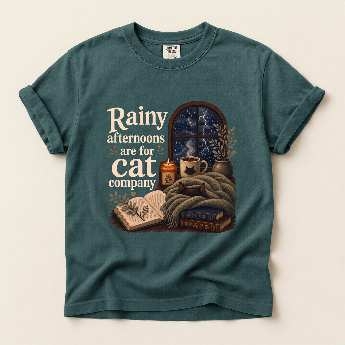 Rainy Afternoons Are For Cat Company graphic tee in Blue Spruce, flat lay