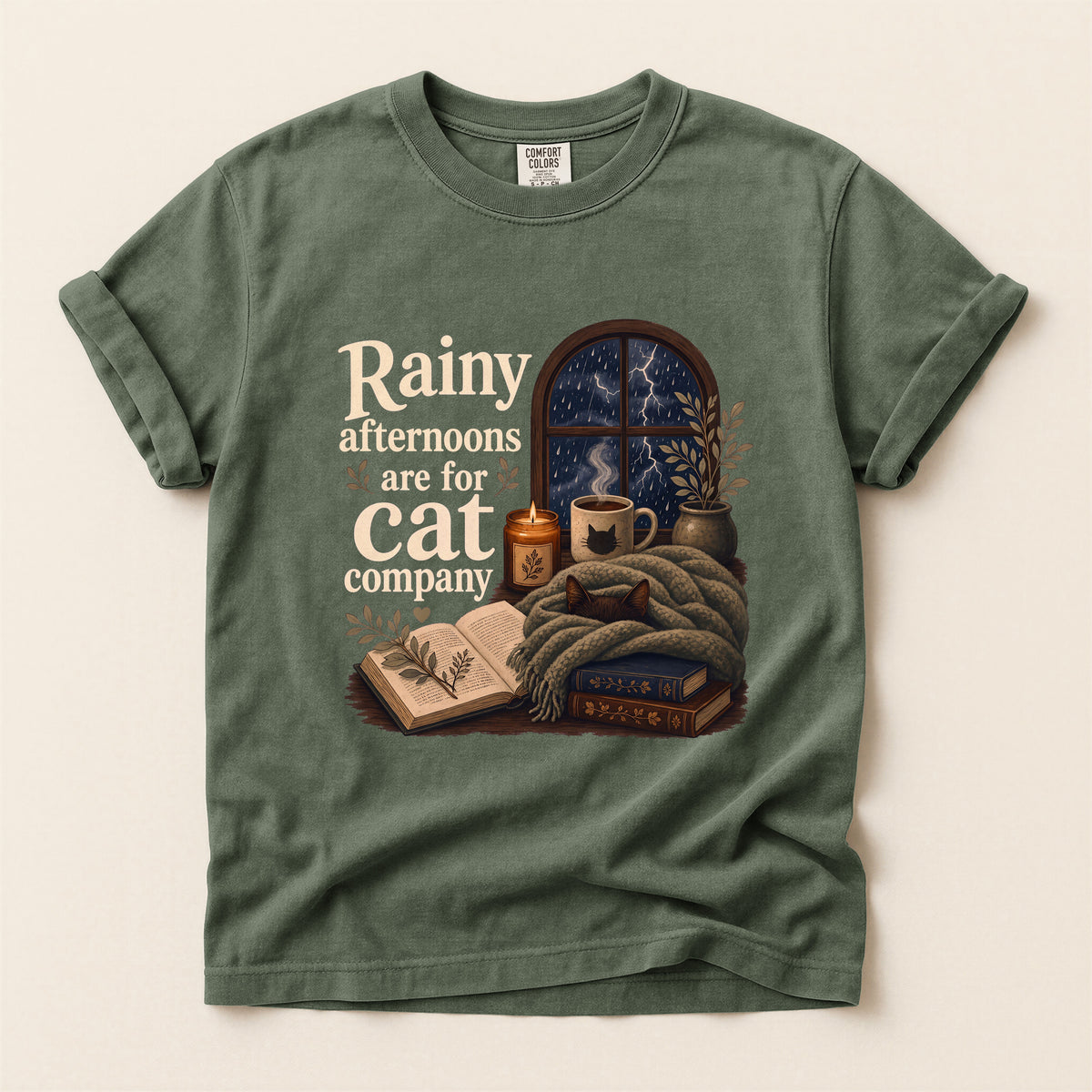 Rainy Afternoons Are For Cat Company graphic tee in Moss, flat lay