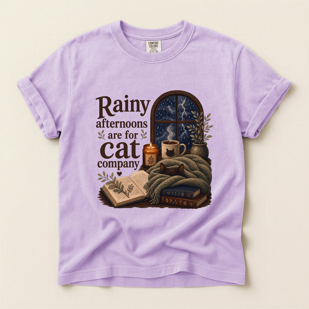 Rainy Afternoons Are For Cat Company graphic tee in Orchid, flat lay