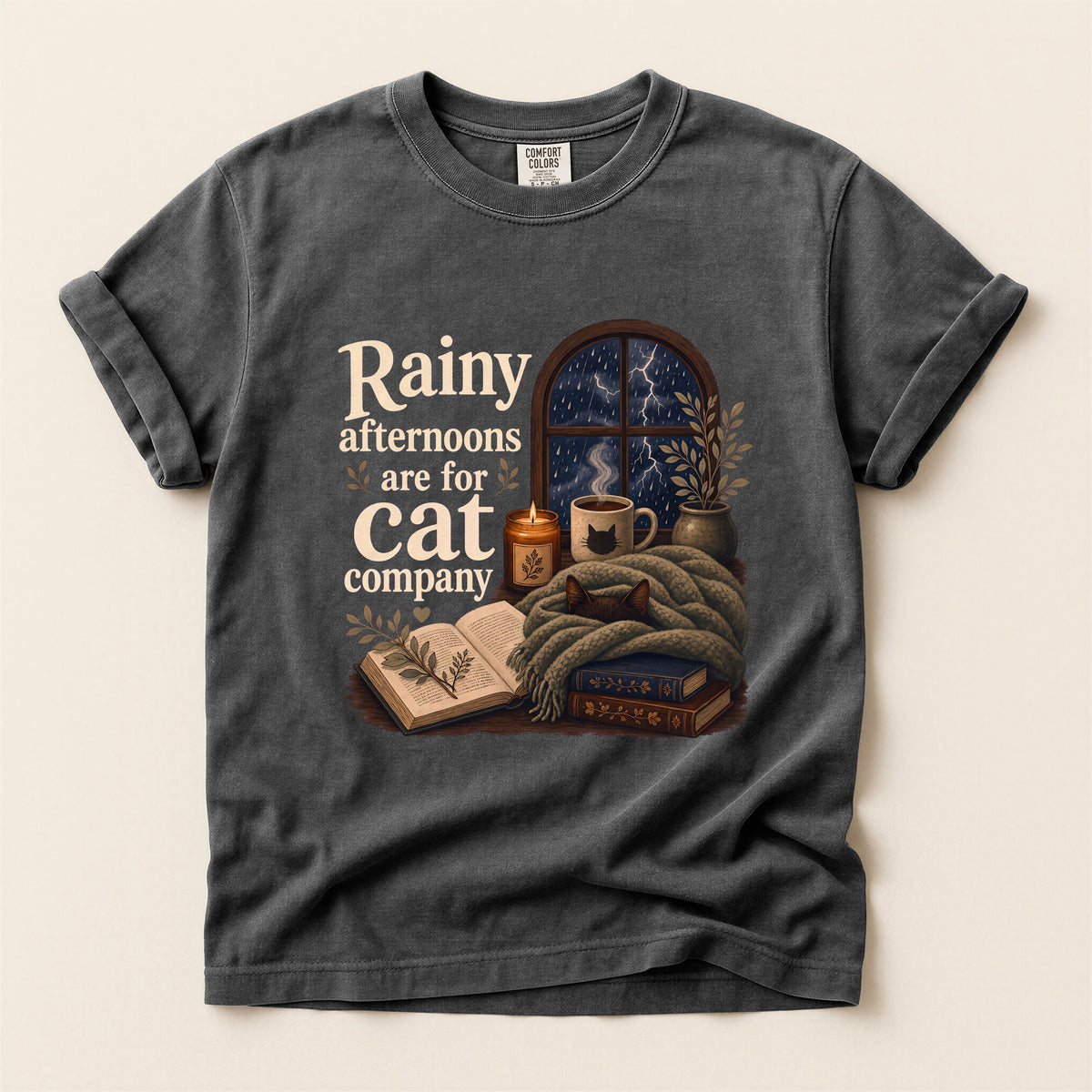 Rainy Afternoons Are For Cat Company graphic tee in Pepper, flat lay