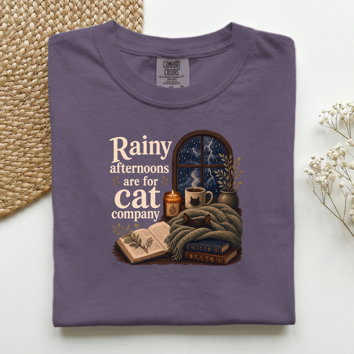Rainy Afternoons Are For Cat Company graphic tee in Wine, folded flat lay
