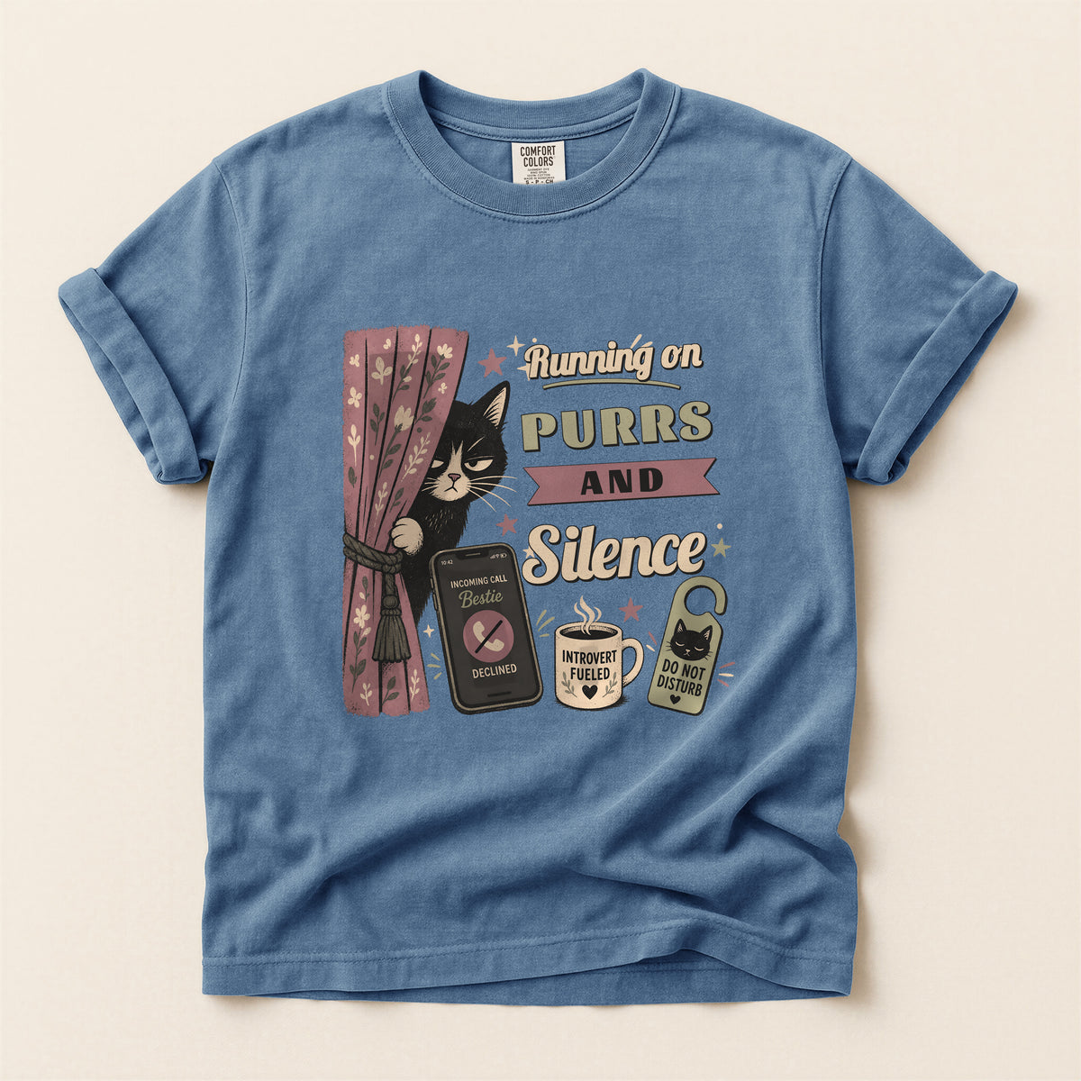 Running on Purrs and Silence graphic tee in Blue Jean, flat lay