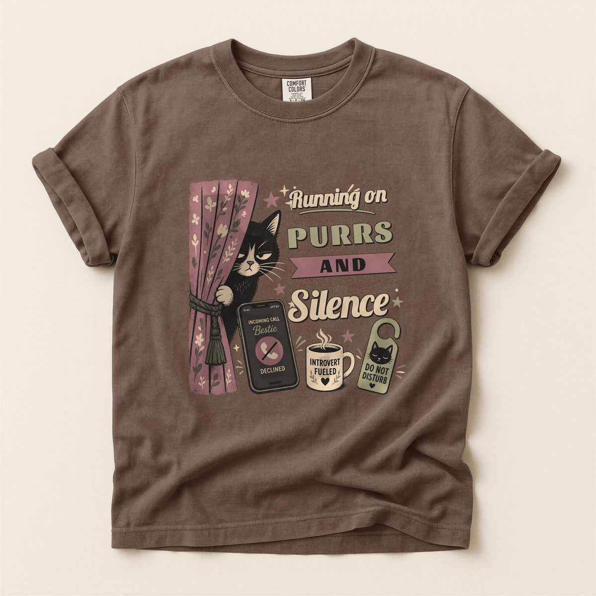 Running on Purrs and Silence graphic tee in Espresso, flat lay