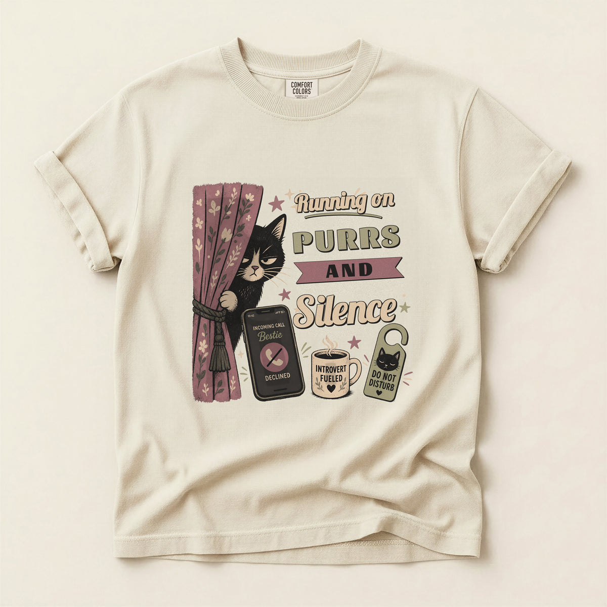 Running on Purrs and Silence graphic tee in Ivory, flat lay