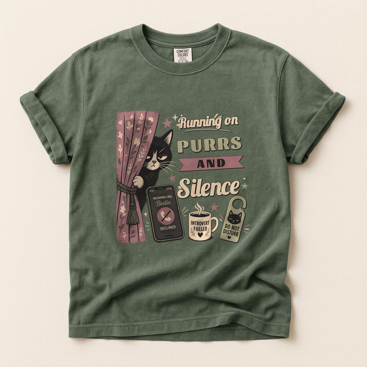 Running on Purrs and Silence graphic tee in Moss, flat lay
