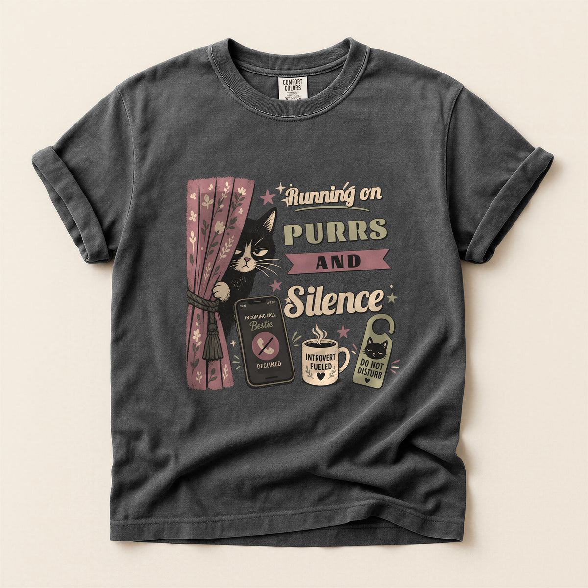 Running on Purrs and Silence graphic tee in Pepper, flat lay