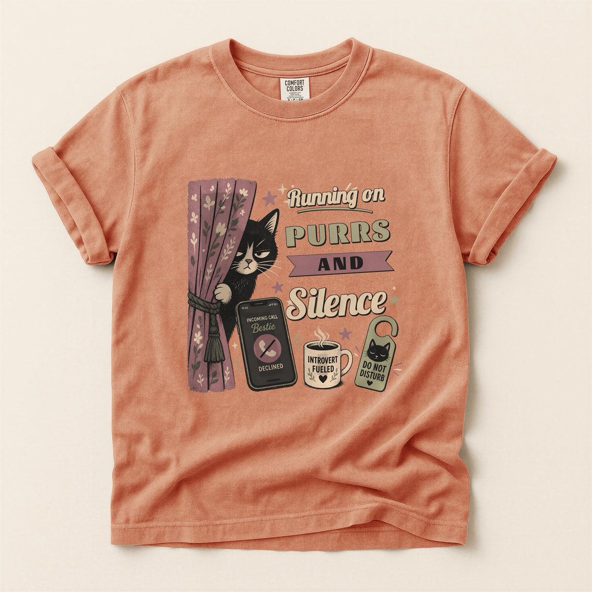 Running on Purrs and Silence graphic tee in Terracotta, flat lay