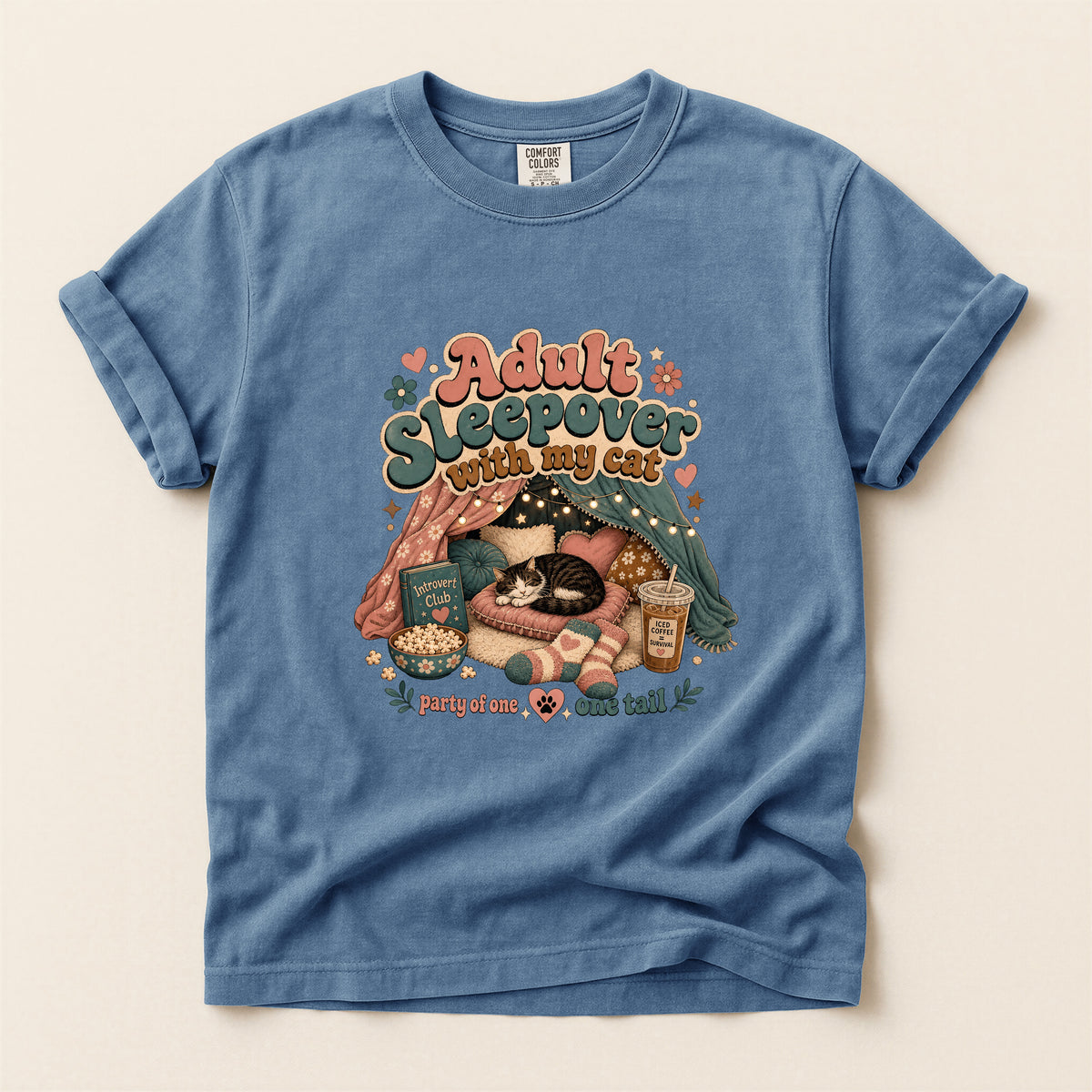 Adult Sleepover With My Cat graphic tee in Blue Jean, folded flat lay