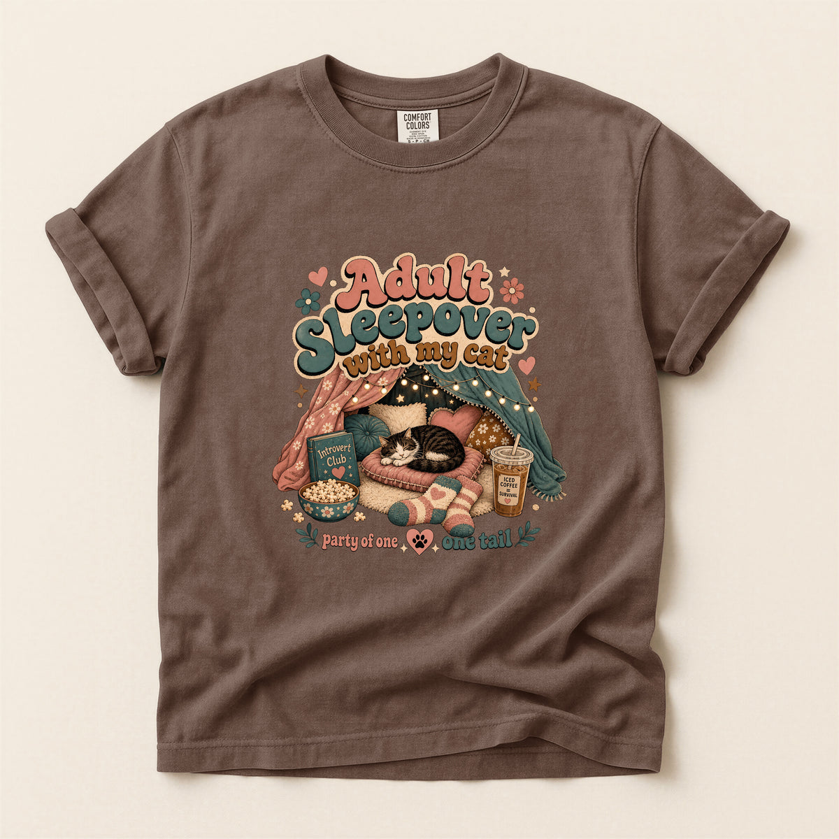 Adult Sleepover With My Cat graphic tee in Espresso, folded flat lay
