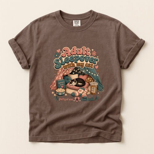 Adult Sleepover With My Cat graphic tee in Espresso, folded flat lay