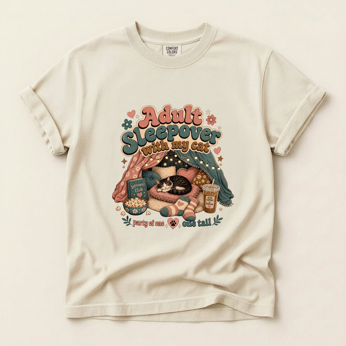 Adult Sleepover With My Cat graphic tee in Ivory, folded flat lay