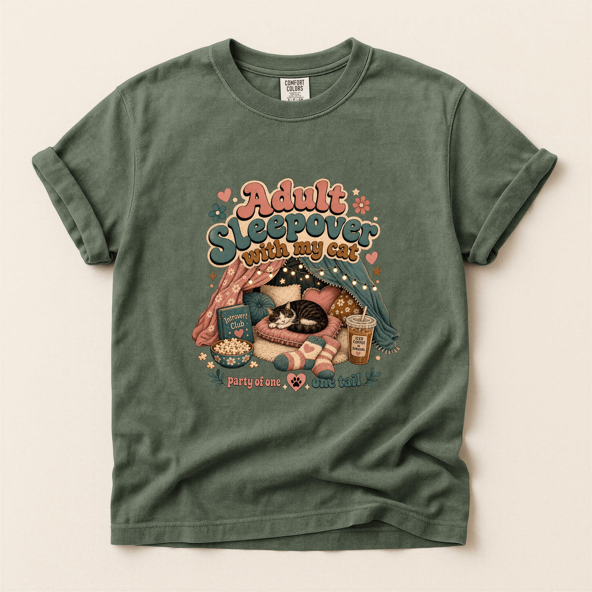 Adult Sleepover With My Cat graphic tee in Moss, folded flat lay