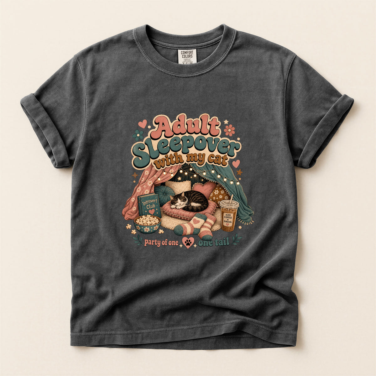 Adult Sleepover With My Cat graphic tee in Pepper, folded flat lay