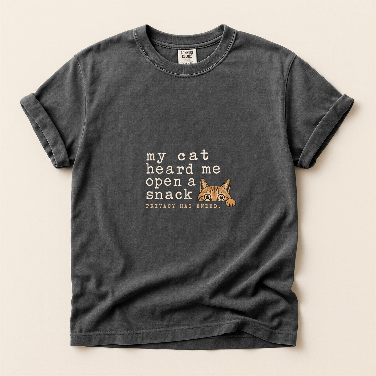 My Cat Heard Me Open A Snack graphic tee in Pepper, folded flat lay