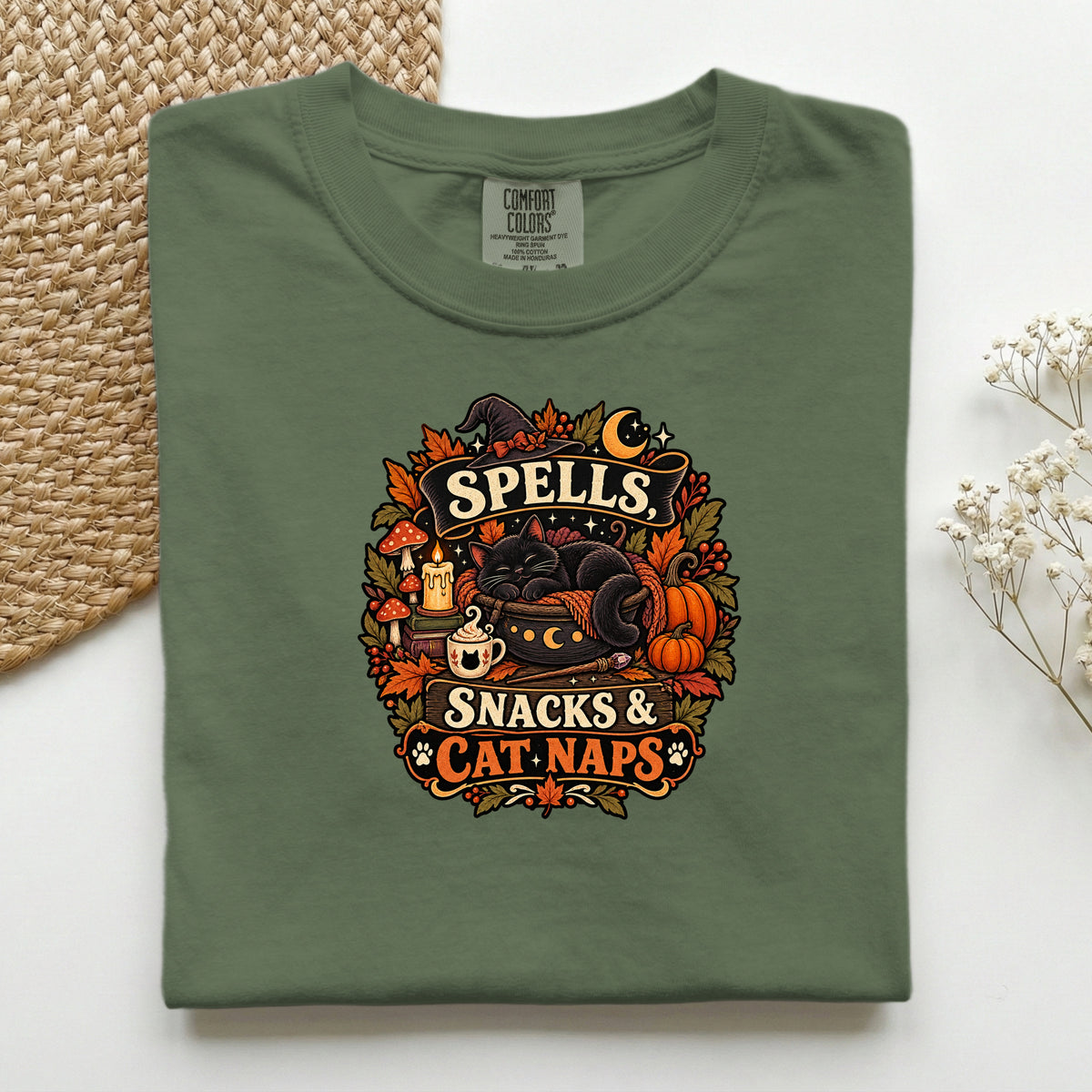 Spells Snacks & Cat Naps graphic tee in Hemp, folded flat lay