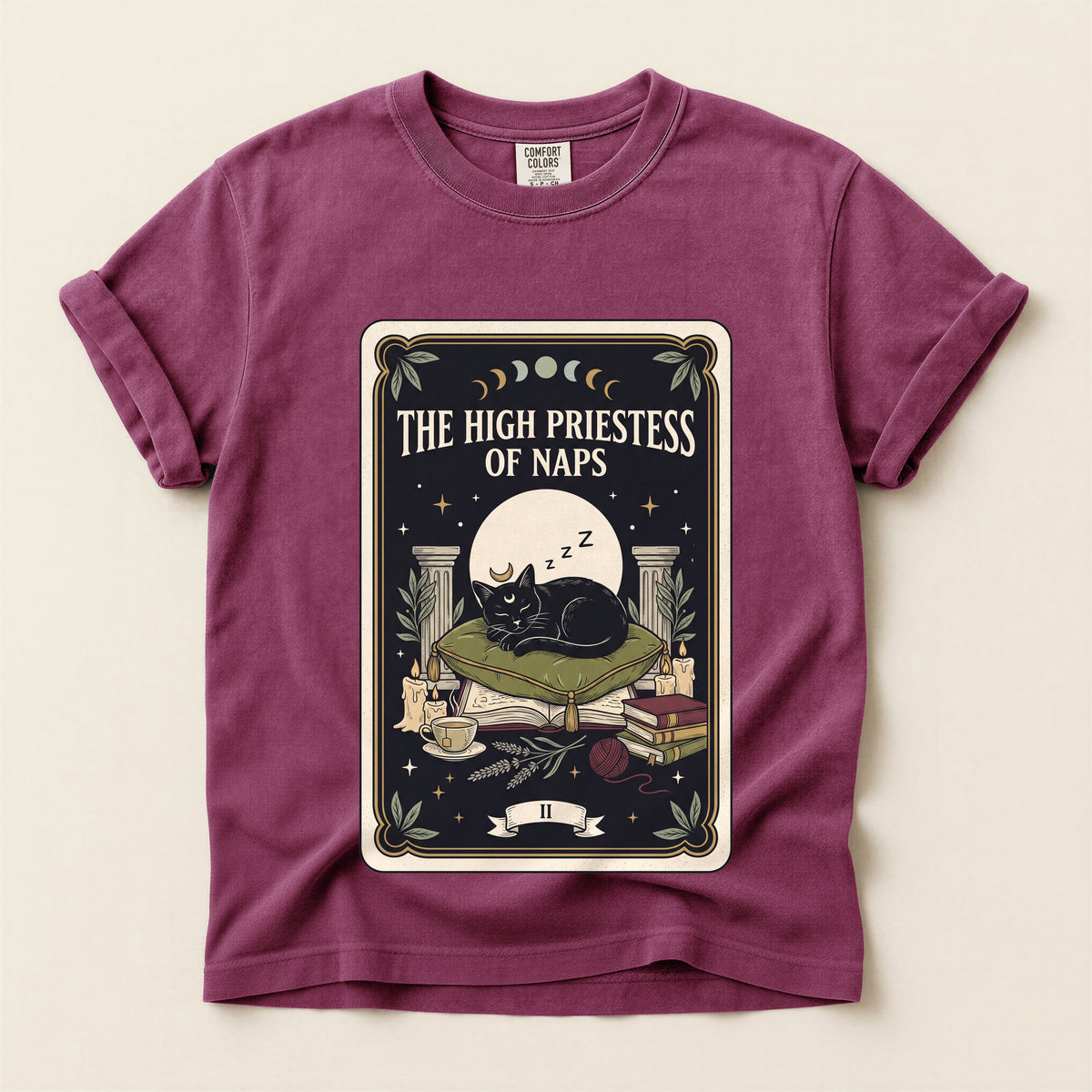 The High Priestess of Naps graphic tee in Berry, flat lay