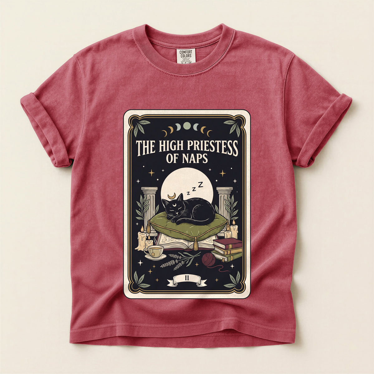 The High Priestess of Naps graphic tee in Crimson, flat lay