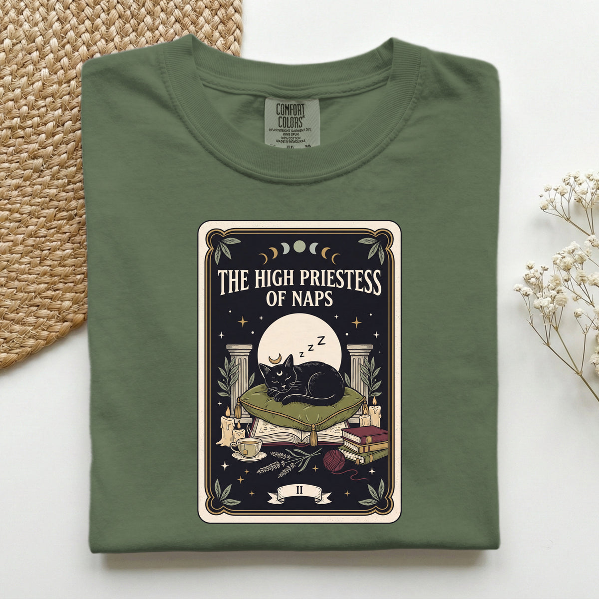 The High Priestess of Naps graphic tee in Hemp, folded flat lay