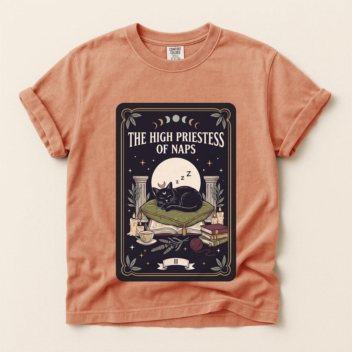 The High Priestess of Naps graphic tee in Terracotta, flat lay