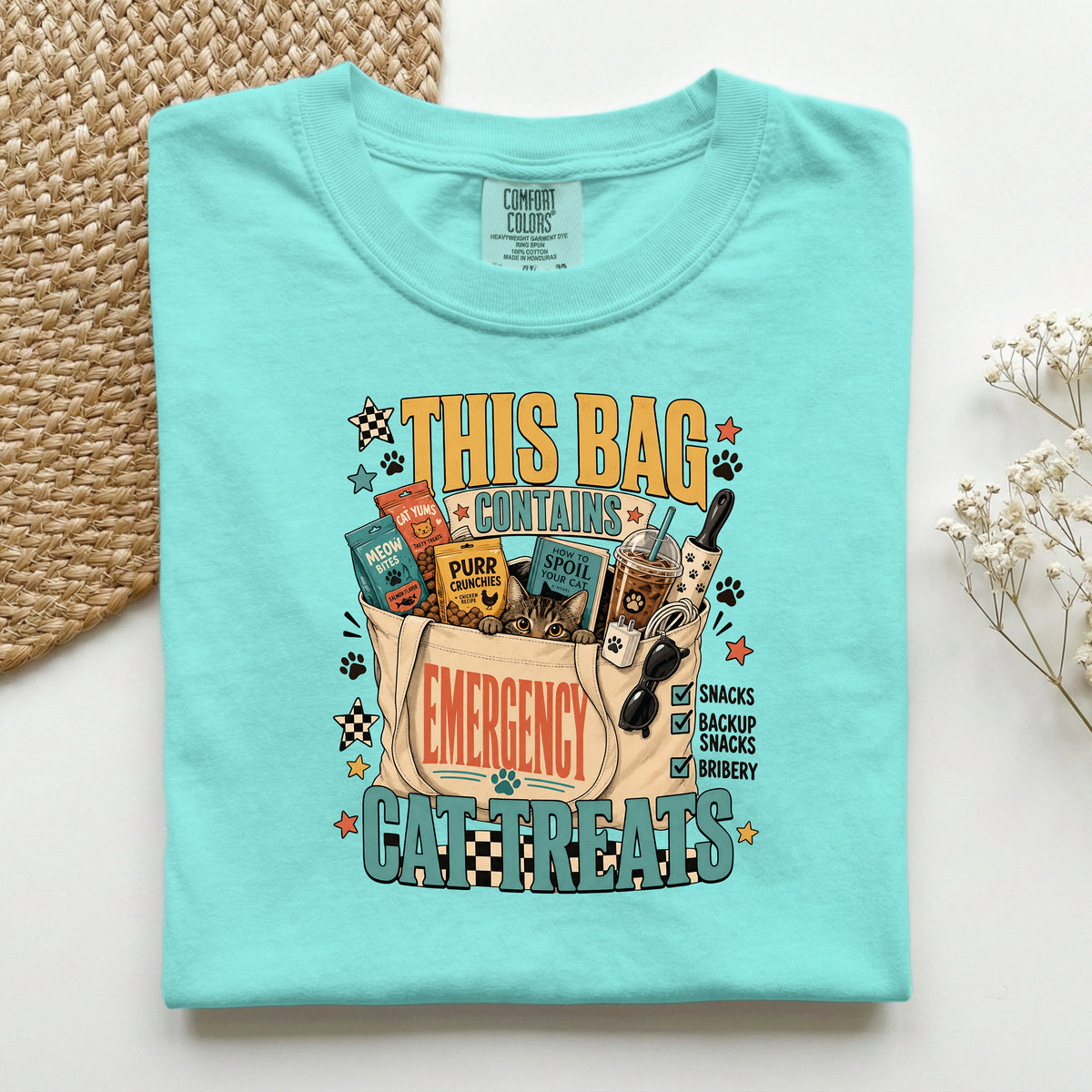 This Bag Contains Emergency Cat Treats graphic tee in Chalky Mint, folded flat lay