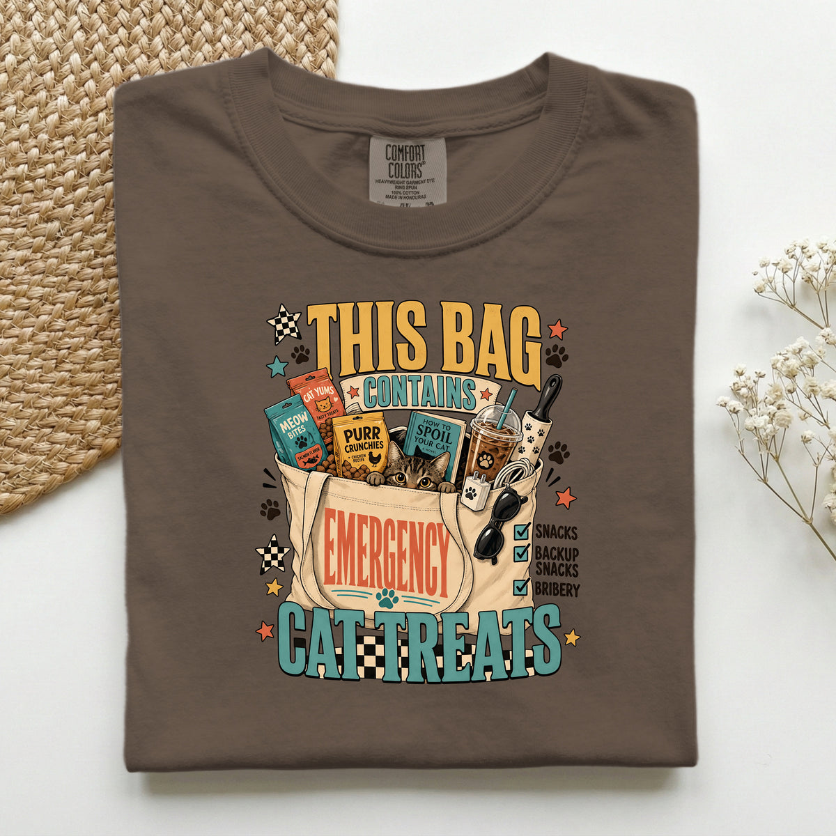 This Bag Contains Emergency Cat Treats graphic tee in Espresso, folded flat lay