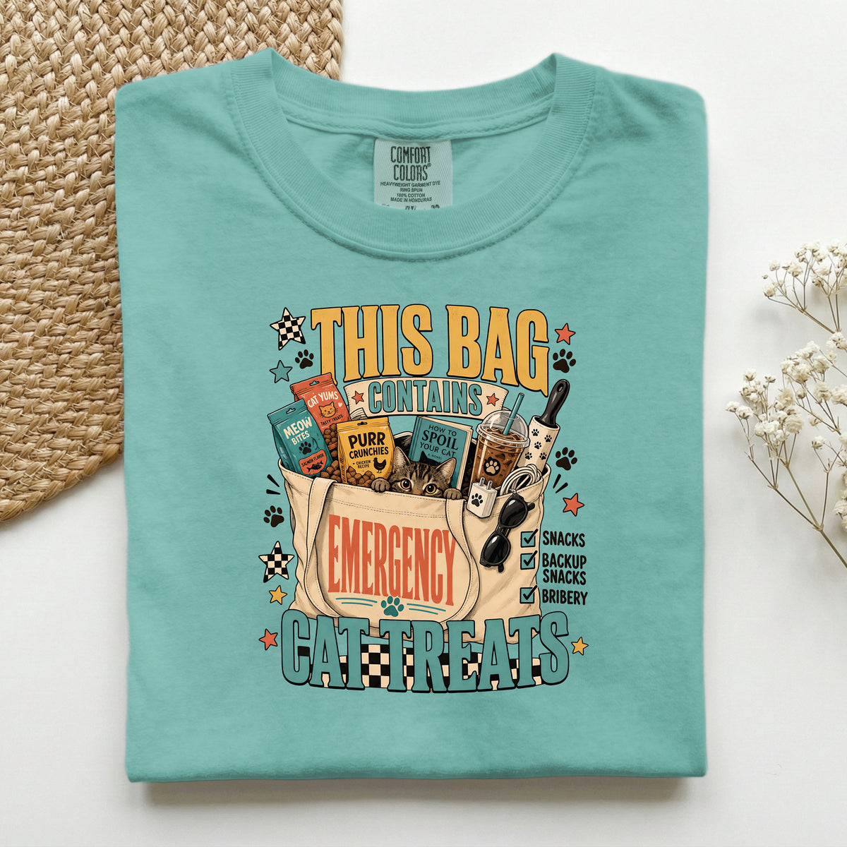 This Bag Contains Emergency Cat Treats graphic tee in Seafoam, folded flat lay