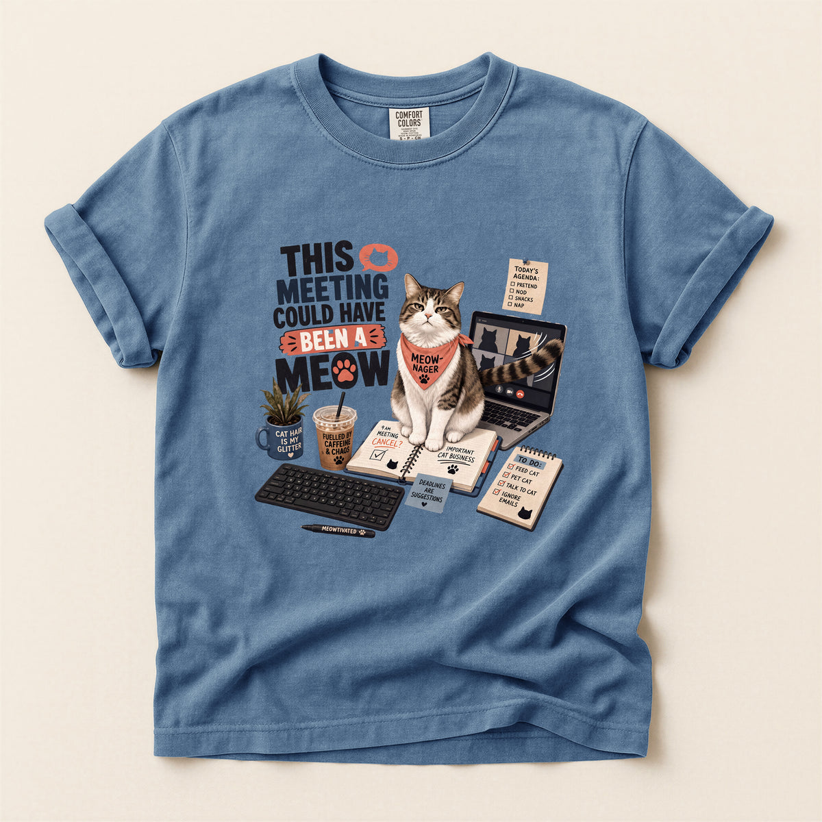This Meeting Could Have Been A Meow graphic tee in Blue Jean, flat lay