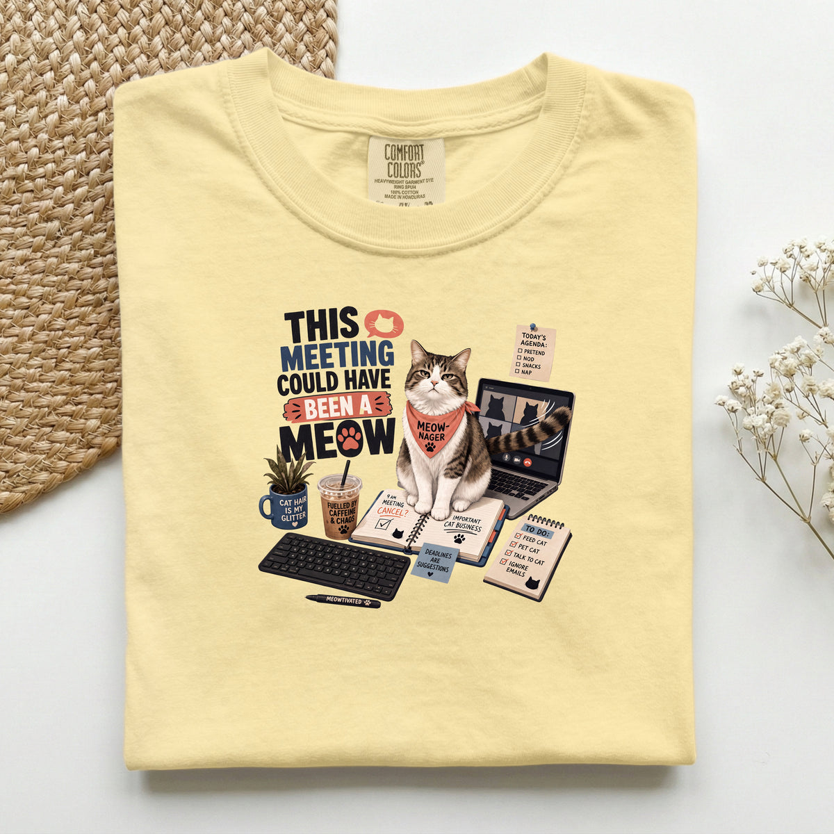 This Meeting Could Have Been A Meow graphic tee in Butter, folded flat lay