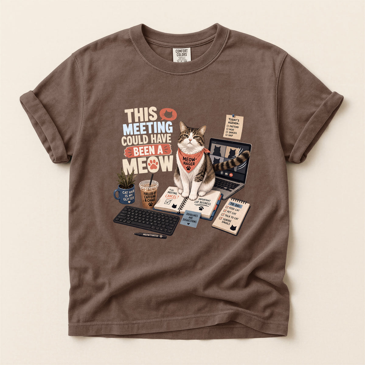 This Meeting Could Have Been A Meow graphic tee in Espresso, flat lay