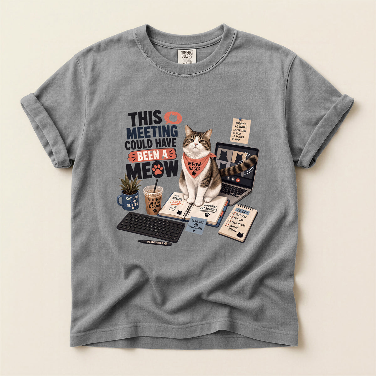 This Meeting Could Have Been A Meow graphic tee in Grey, flat lay