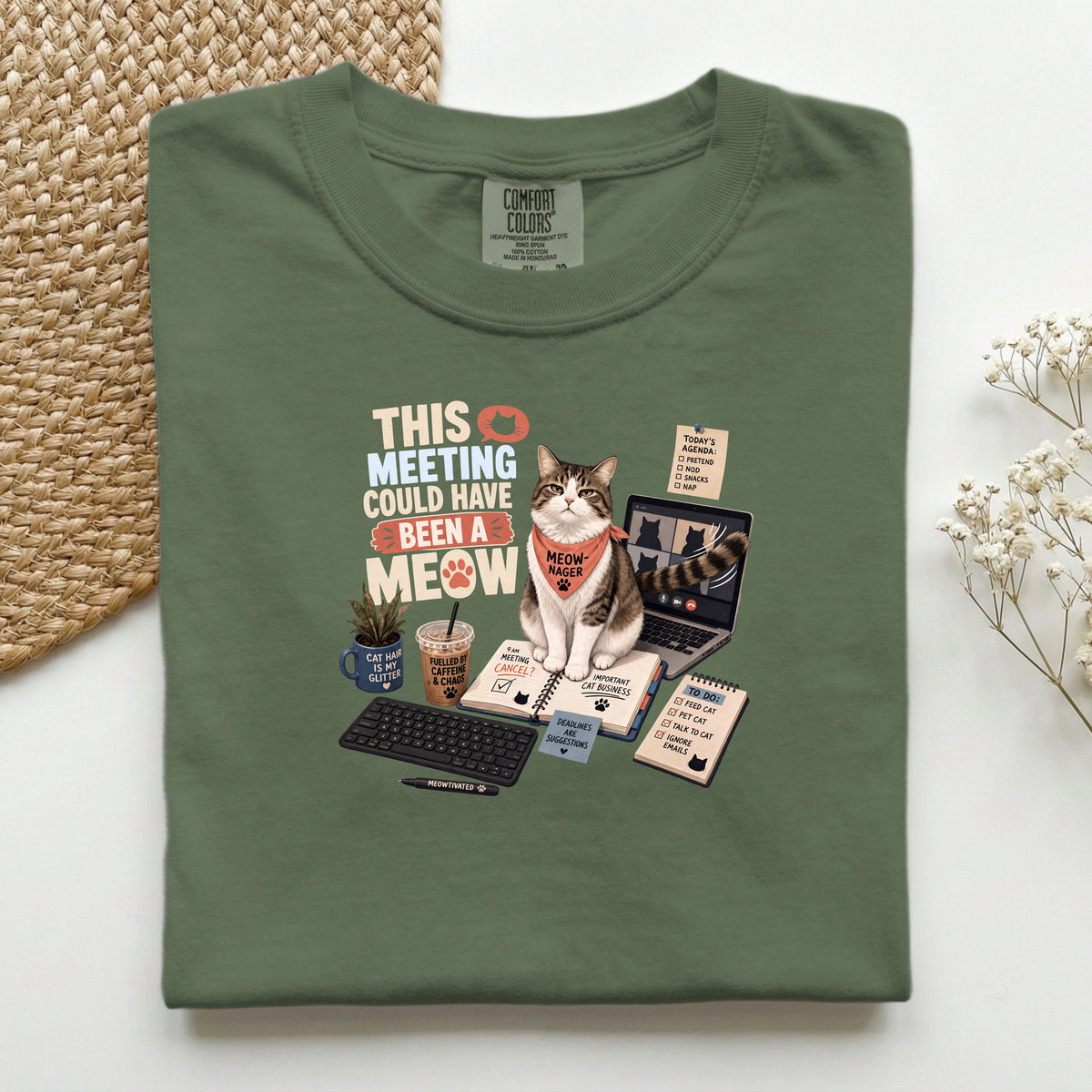 This Meeting Could Have Been A Meow graphic tee in Hemp, folded flat lay