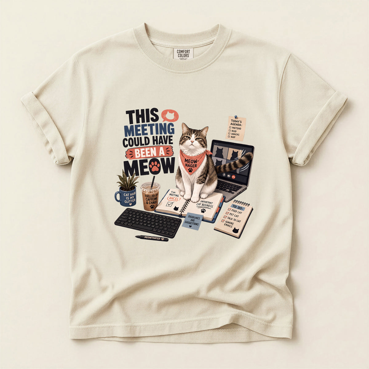 This Meeting Could Have Been A Meow graphic tee in Ivory, flat lay