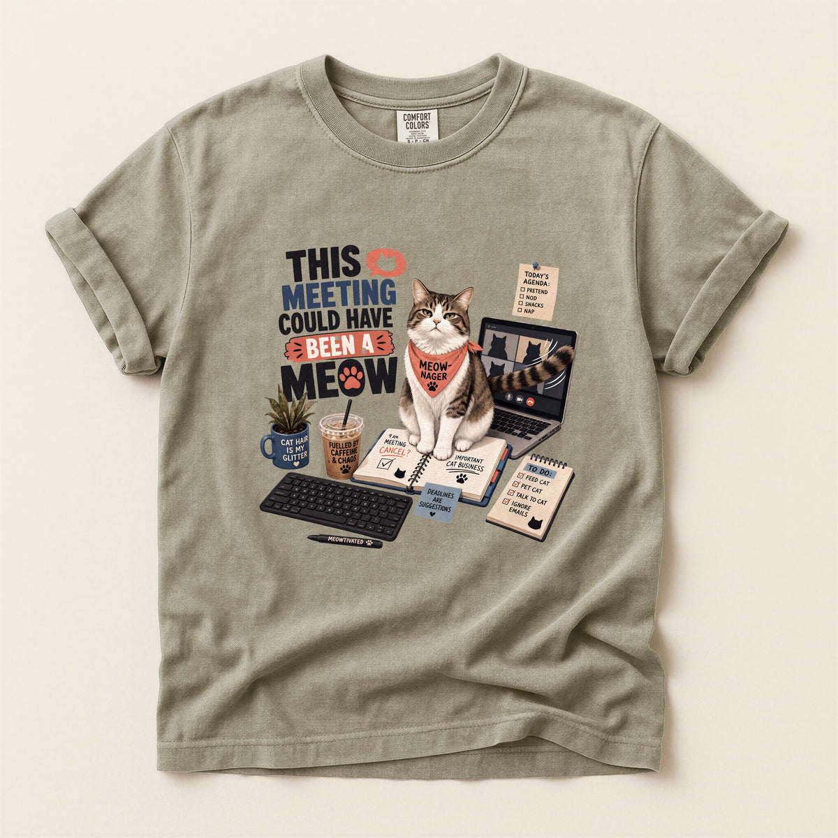 This Meeting Could Have Been A Meow graphic tee in Khaki, flat lay