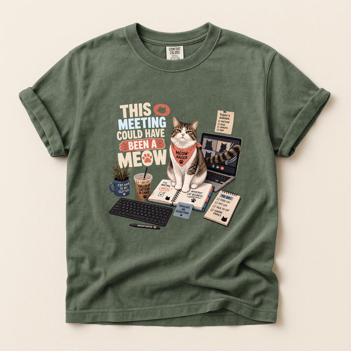 This Meeting Could Have Been A Meow graphic tee in Moss, flat lay