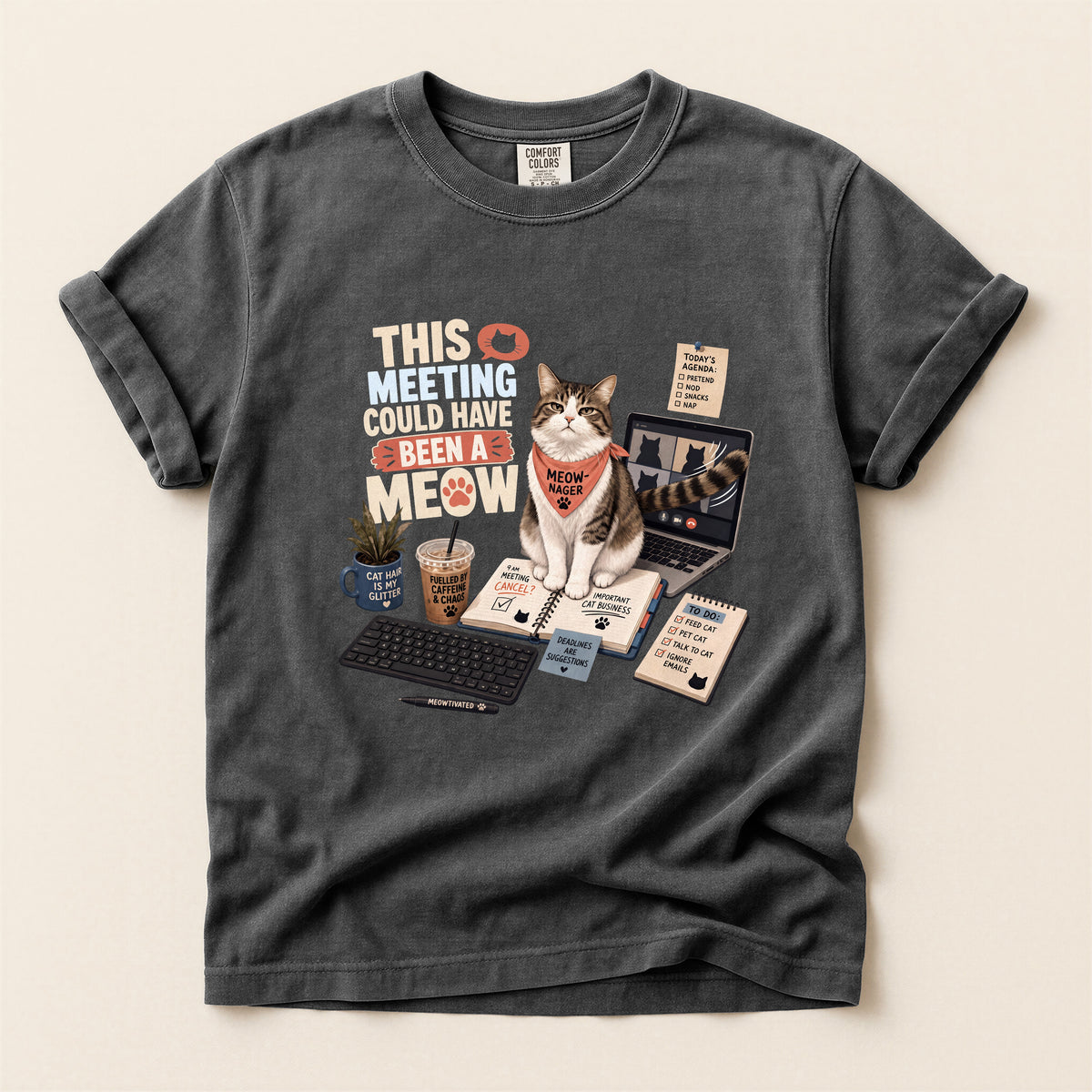 This Meeting Could Have Been A Meow graphic tee in Pepper, flat lay