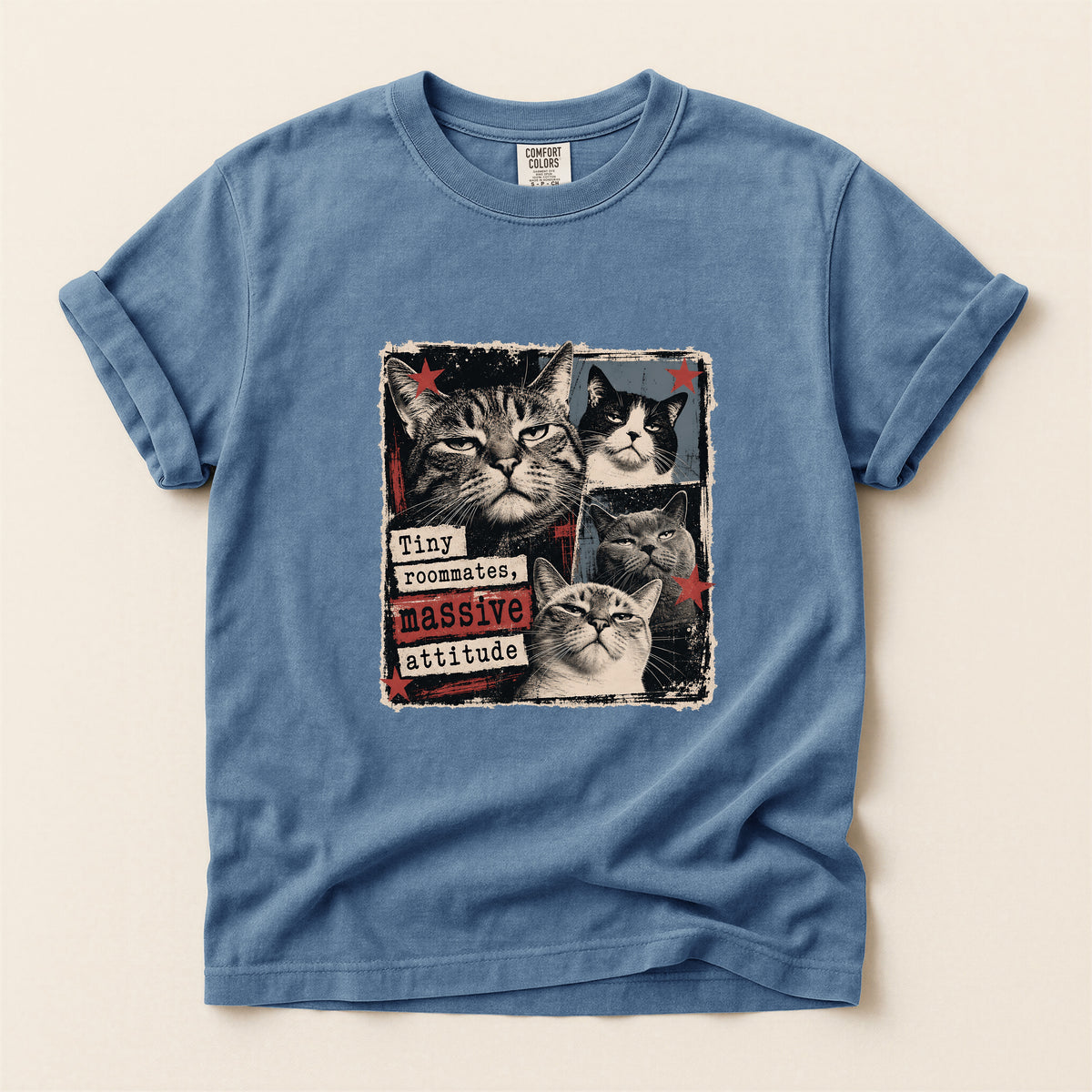 Tiny Roommates Massive Attitude graphic tee in Blue Jean, folded flat lay