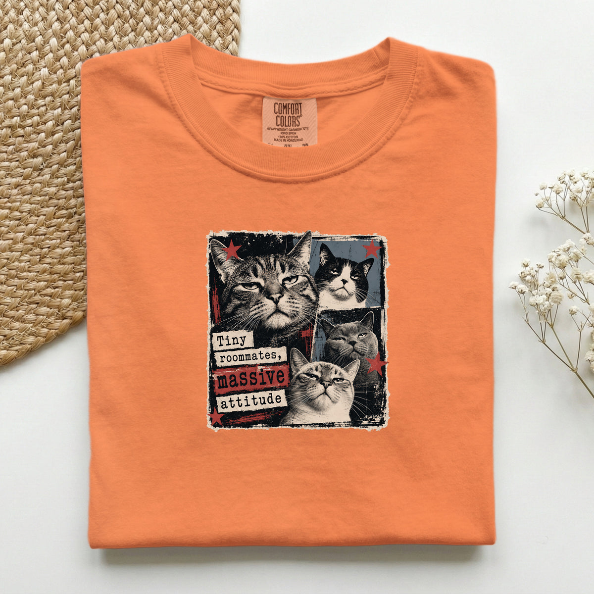 Tiny Roommates Massive Attitude graphic tee in Burnt Orange, folded flat lay