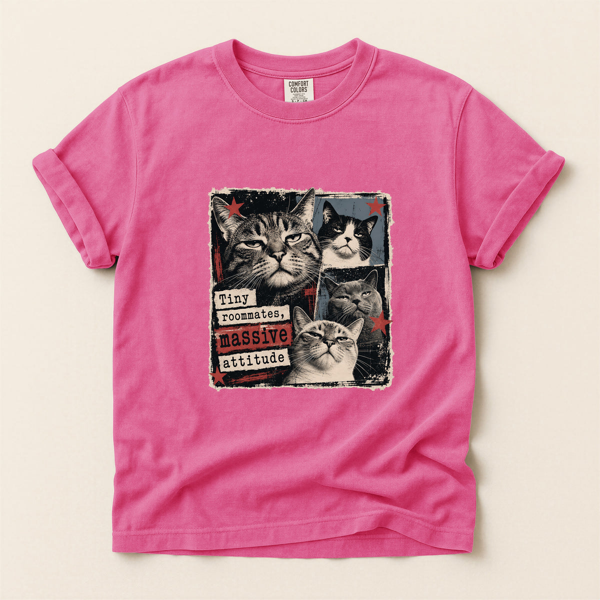 Tiny Roommates Massive Attitude graphic tee in Crunchberry, folded flat lay