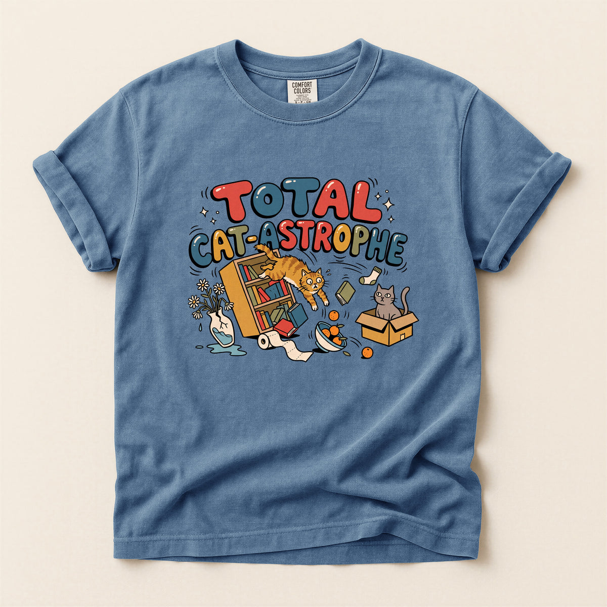 Total Cat-astrophe graphic tee in Blue Jean, flat lay