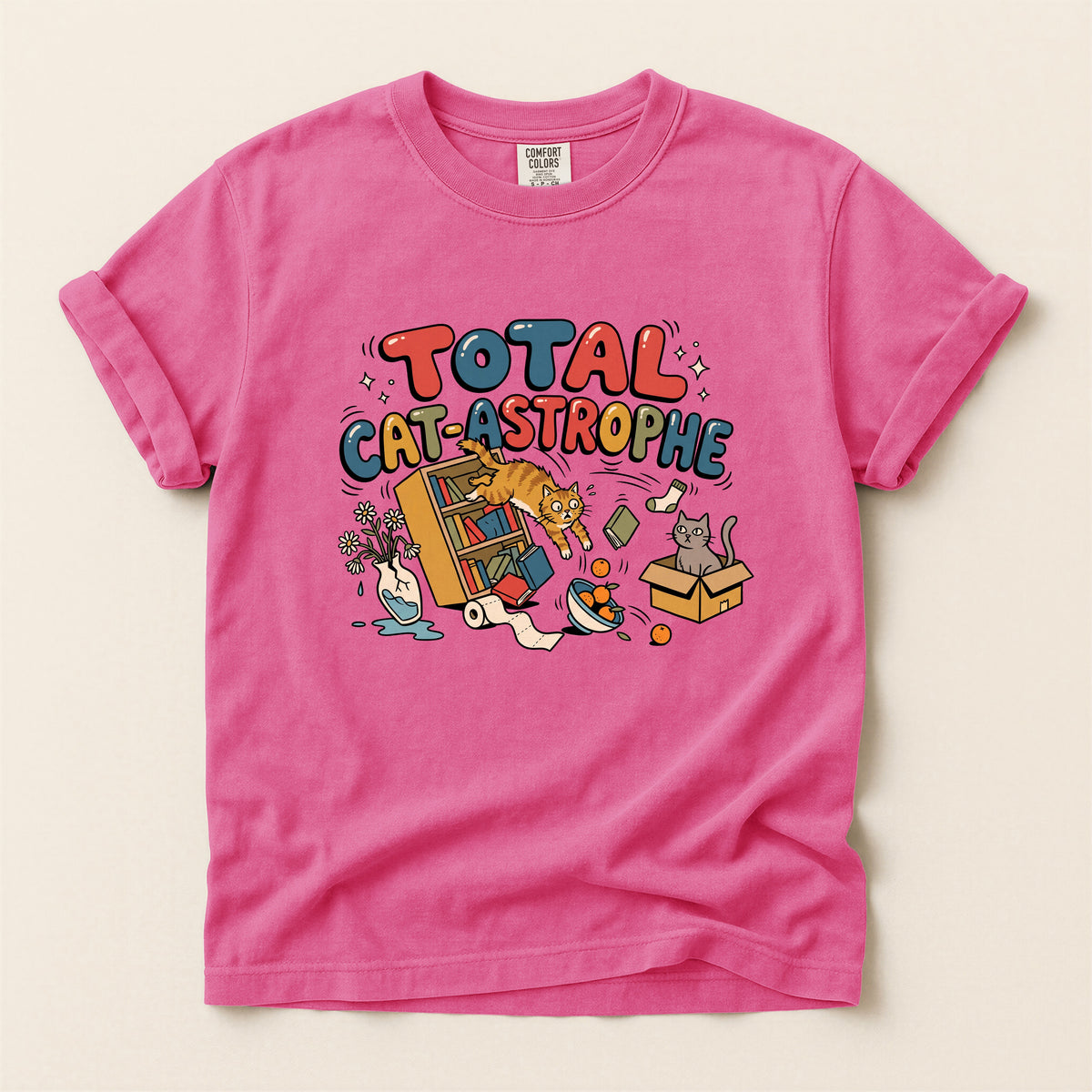 Total Cat-astrophe graphic tee in Crunchberry, flat lay