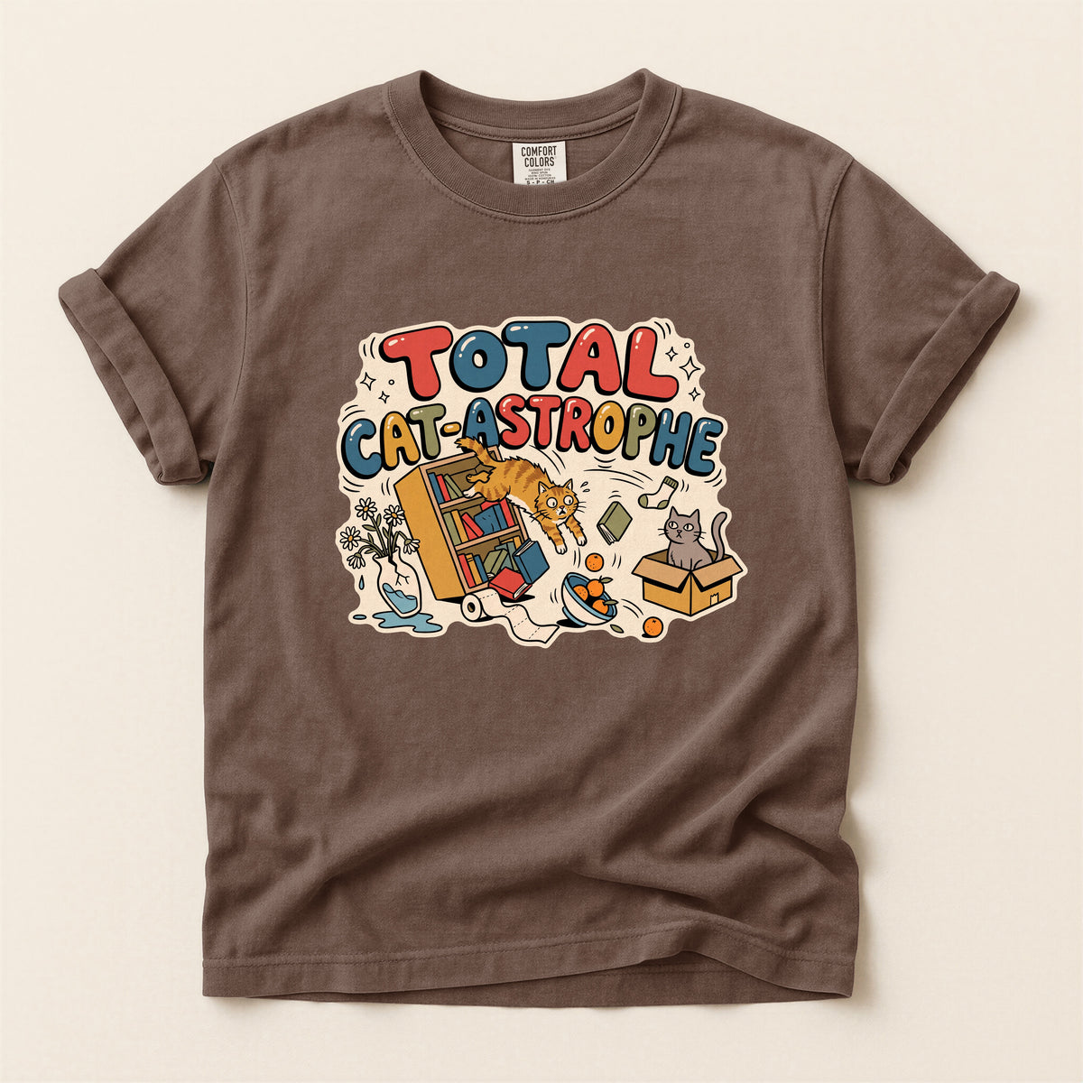 Total Cat-astrophe graphic tee in Espresso, flat lay