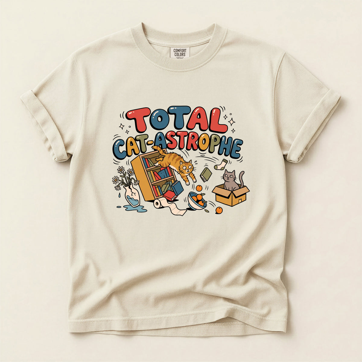 Total Cat-astrophe graphic tee in Ivory, flat lay