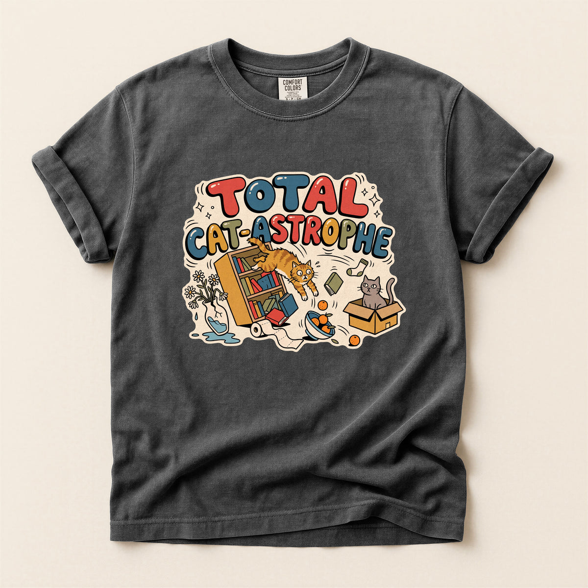 Total Cat-astrophe graphic tee in Pepper, flat lay